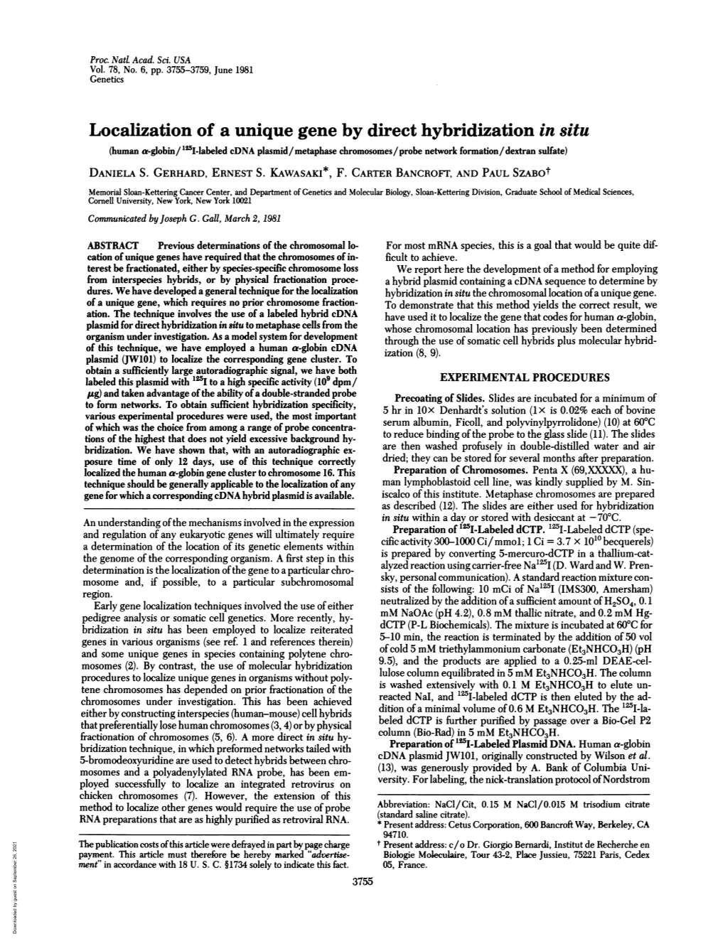 Localization of a Unique Gene by Direct Hybridization in Situ
