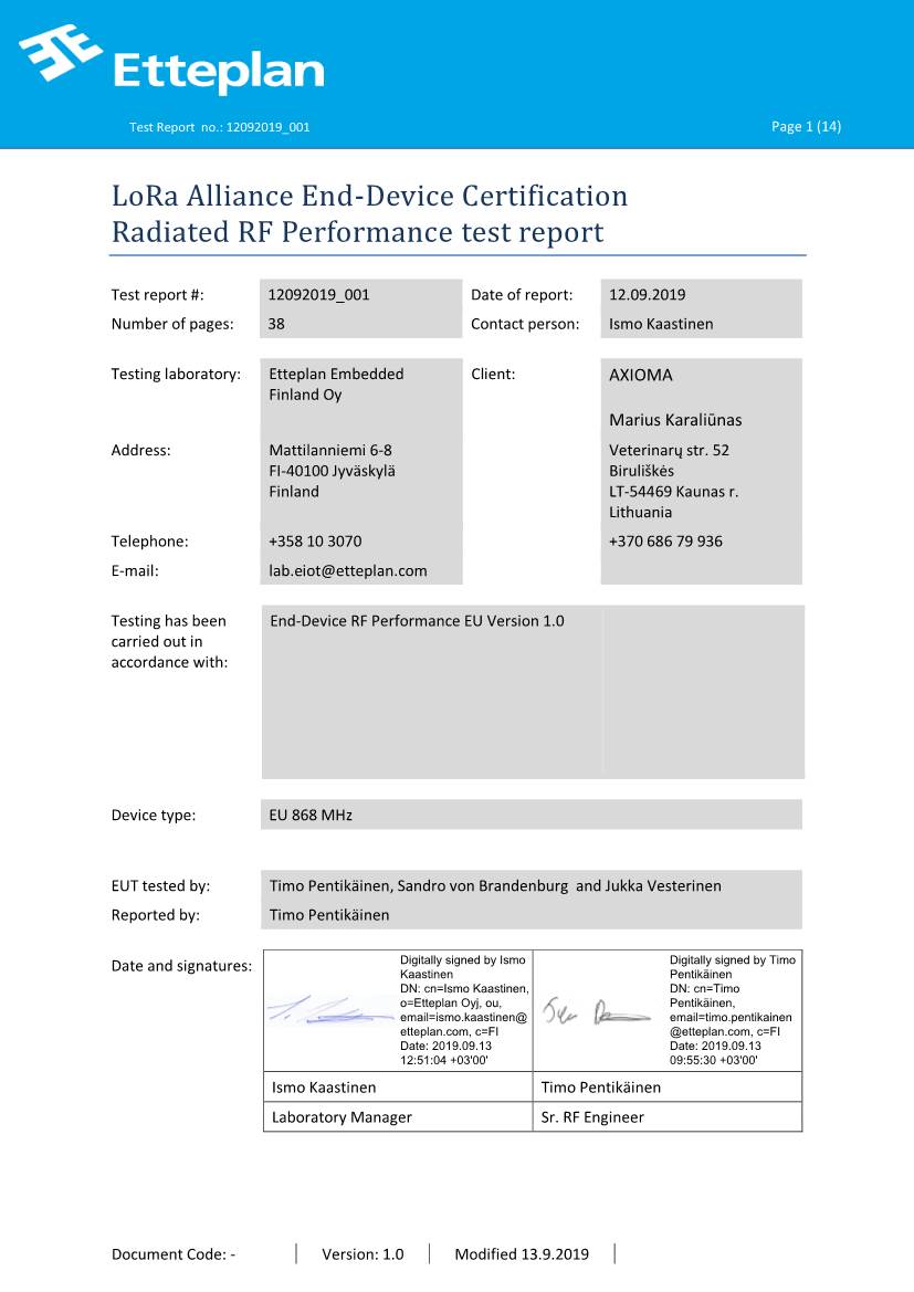 Lora Alliance End-Device Certification Radiated RF Performance Test Report