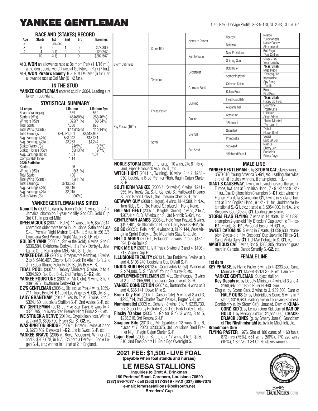 YANKEE GENTLEMAN 1999 Bay - Dosage Profile: 3-3-5-1-0; DI: 2.43; CD: +0.67