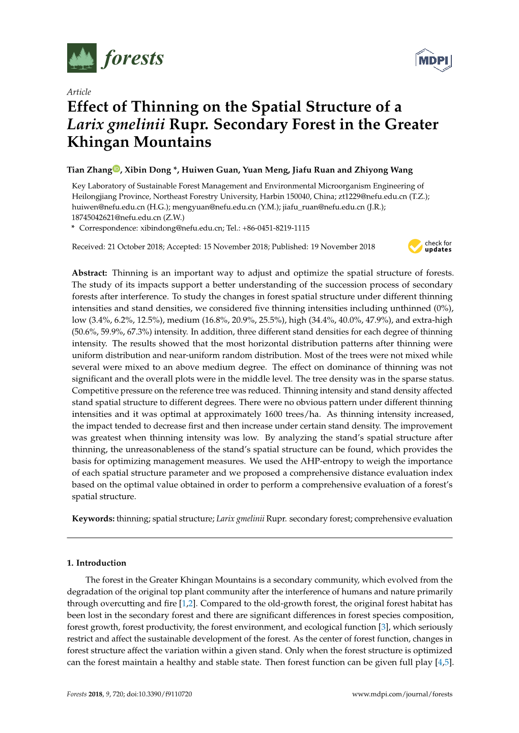 Effect of Thinning on the Spatial Structure of a Larix Gmelinii Rupr