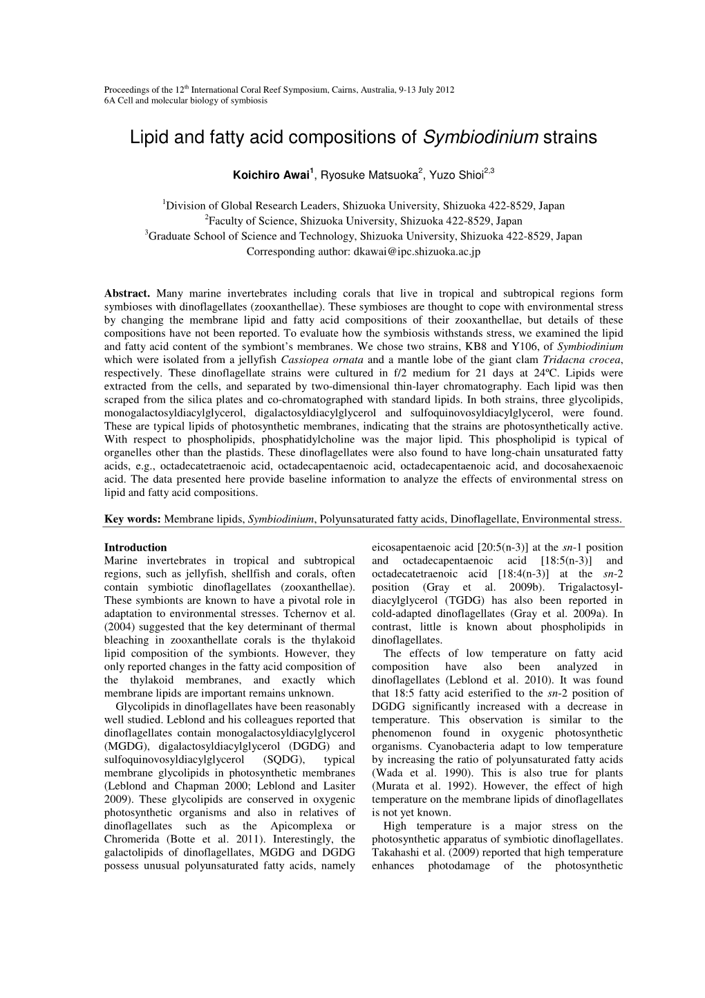 Lipid and Fatty Acid Compositions of Symbiodinium Strains