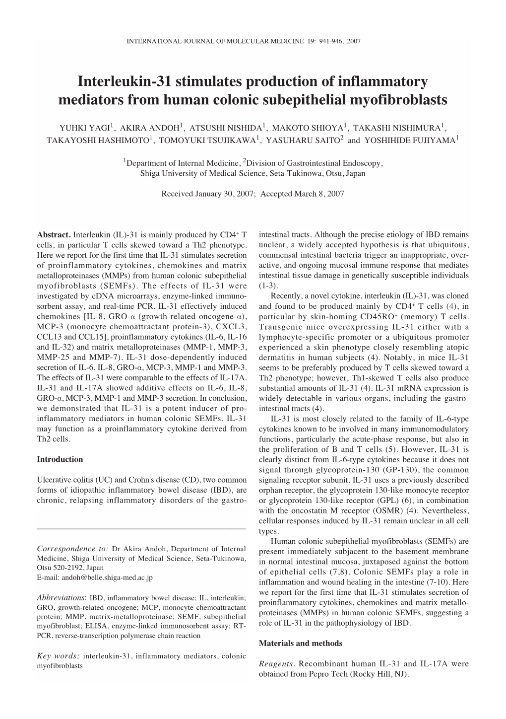 Interleukin-31 Stimulates Production of Inflammatory Mediators from Human Colonic Subepithelial Myofibroblasts