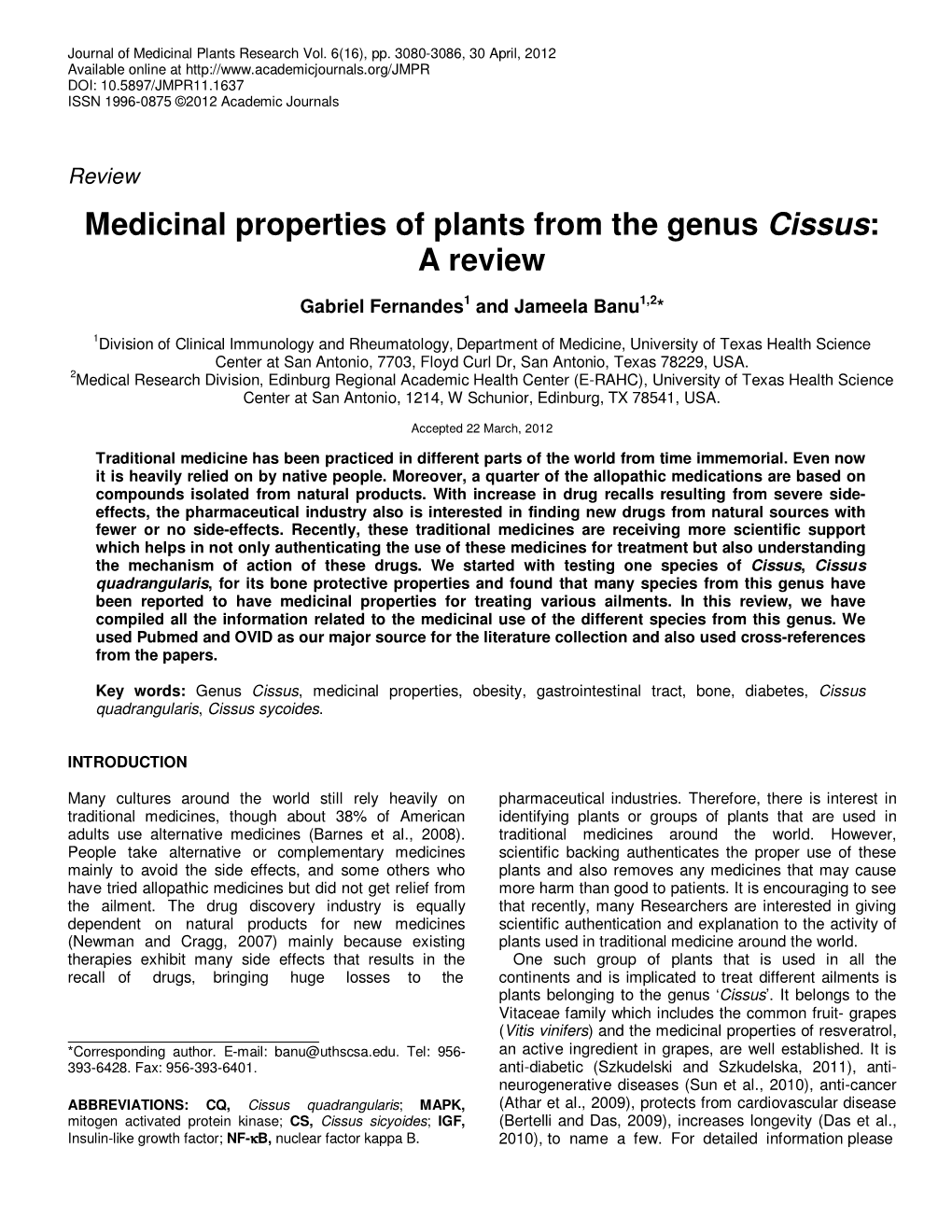 Medicinal Properties of Plants from the Genus Cissus: a Review