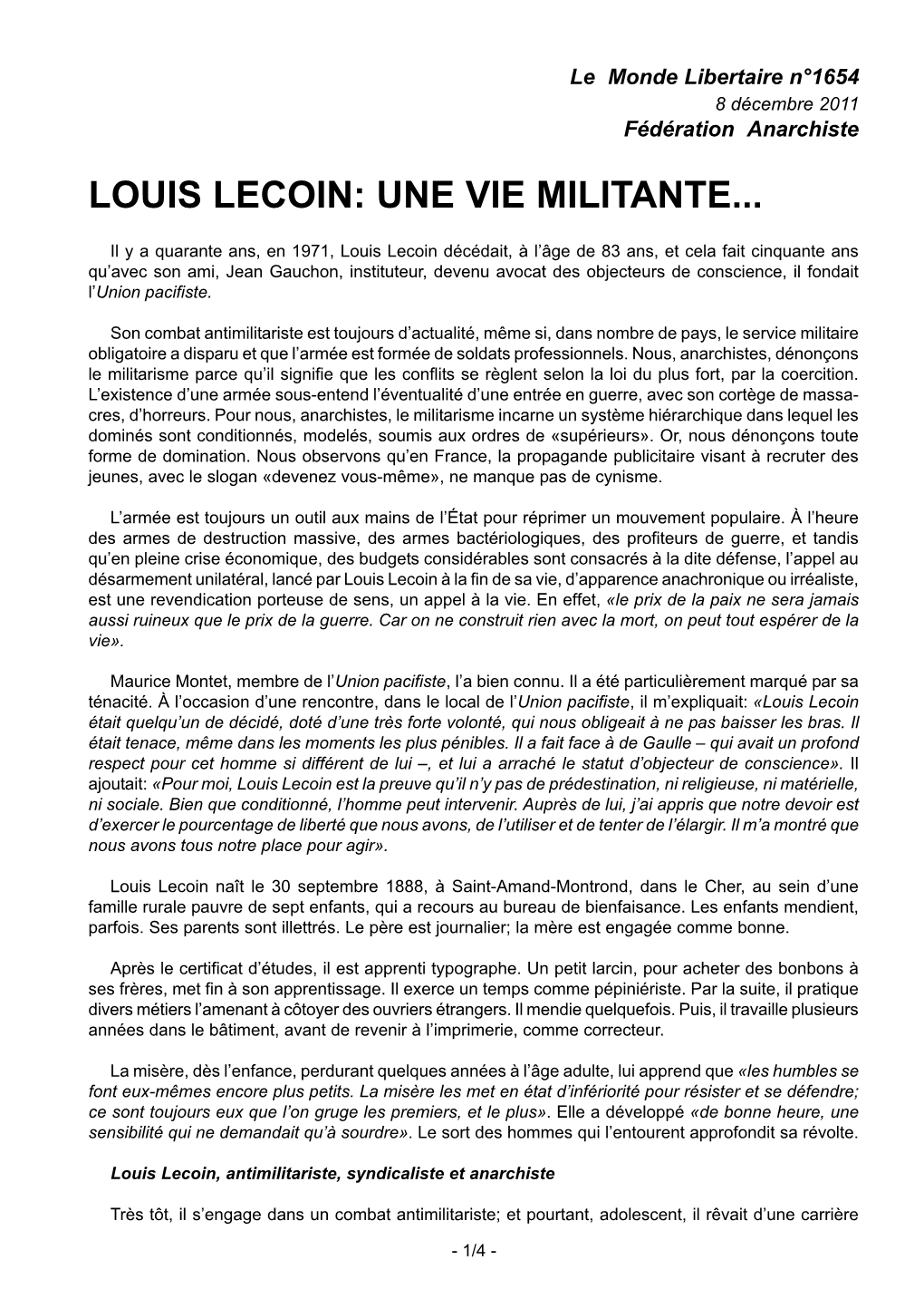 Louis Lecoin: Une Vie Militante