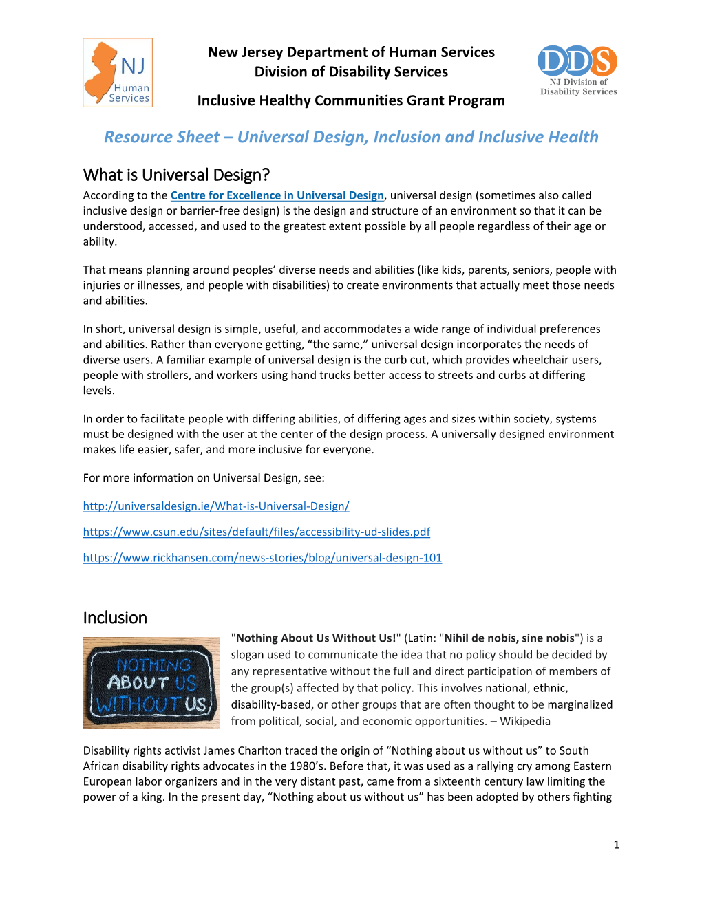 Resource Sheet – Universal Design, Inclusion and Inclusive Health What