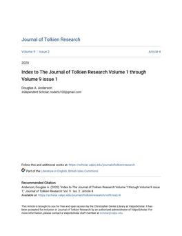 To the Journal of Tolkien Research Volume 1 Through Volume 9 Issue 1