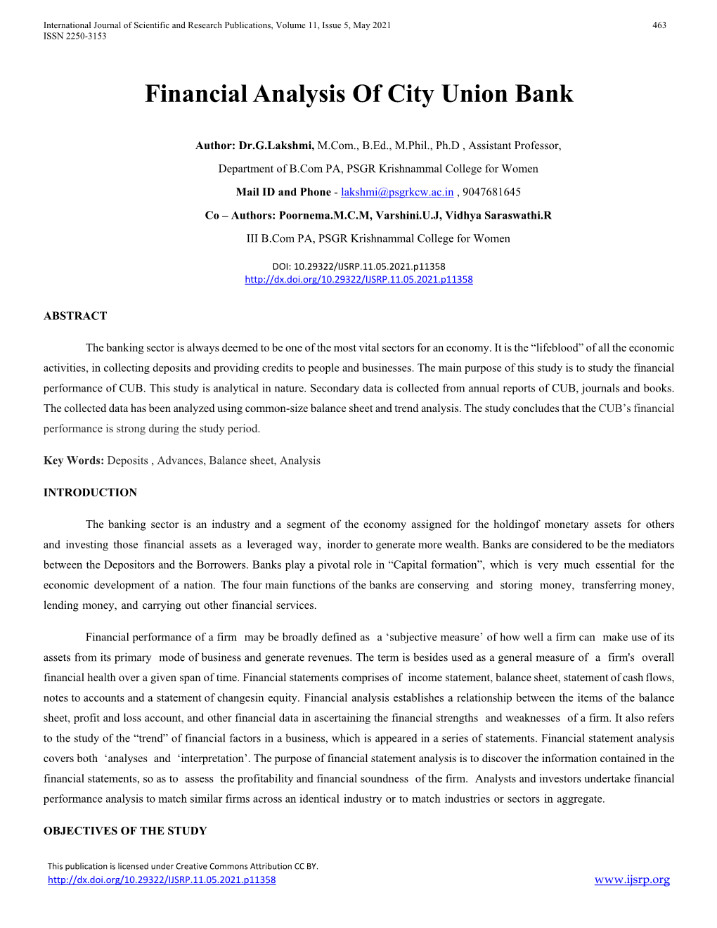 Financial Analysis of City Union Bank