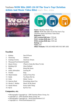 Various WOW Hits 2005 (16 of the Year's Top Christian Artists and Music Video Hits) Mp3, Flac, Wma