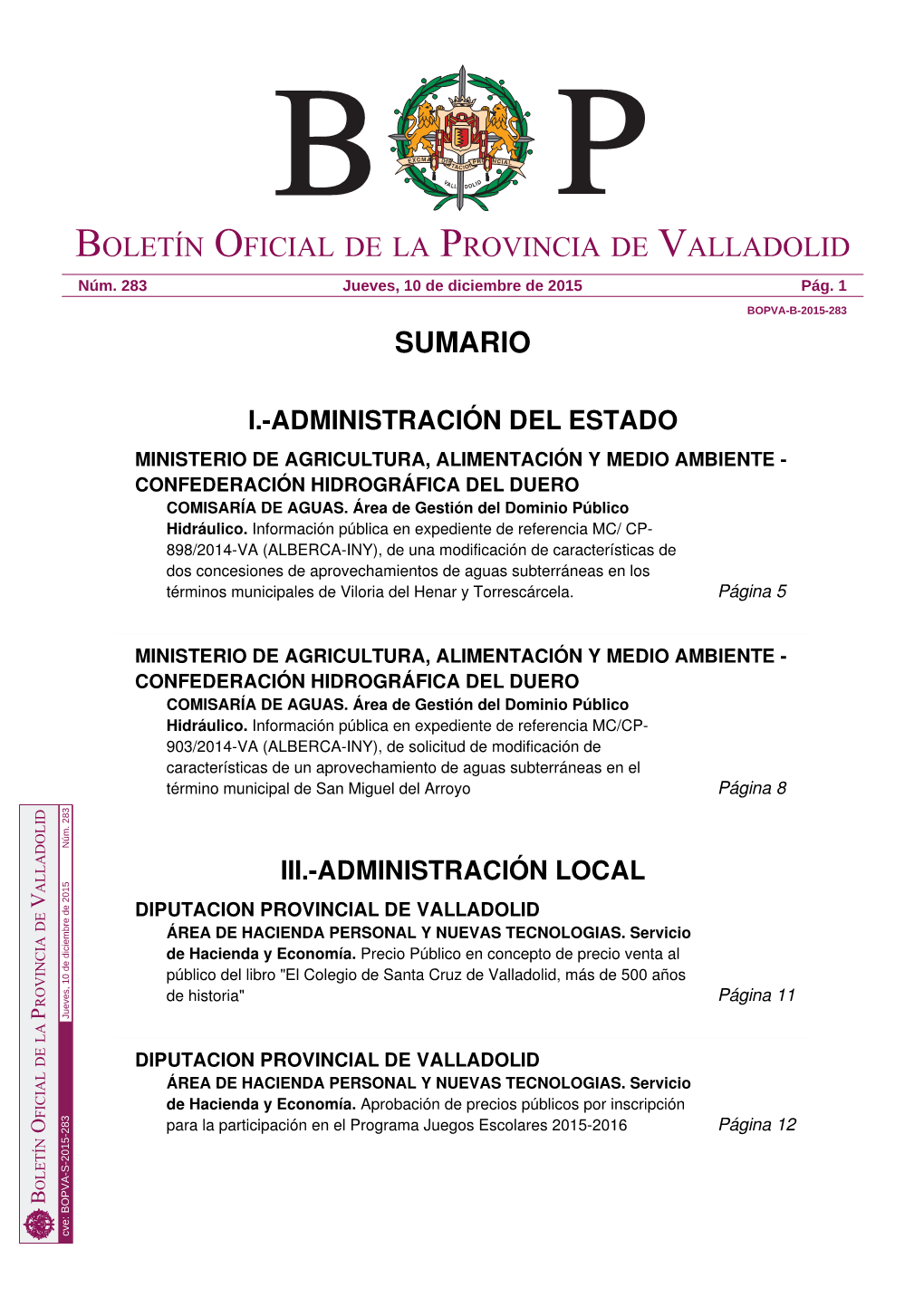 Sumario Boletín Oficial De La Provincia De Valladolid