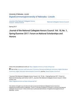Journal of the National Collegiate Honors Council. Vol. 18, No. 1, Spring/Summer 2017