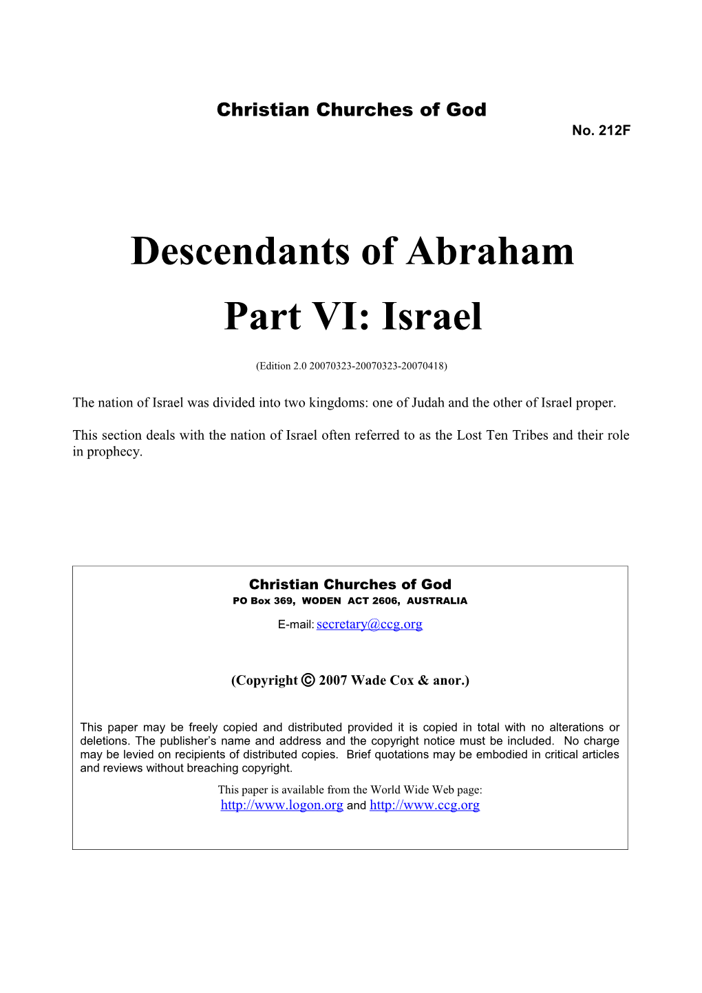 Descendants of Abraham Part VI: Israel (No. 212F)