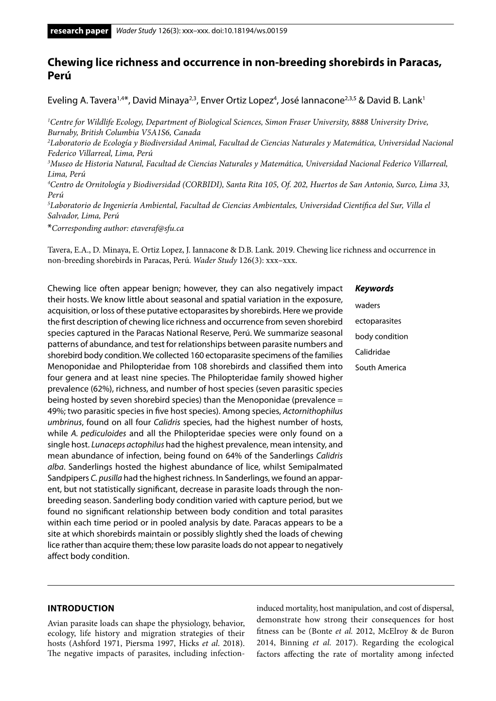 Chewing Lice Richness and Occurrence in Non-Breeding Shorebirds in Paracas, Perú