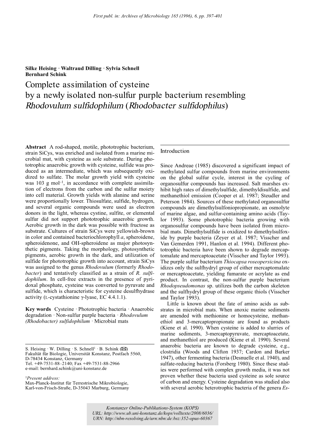 Complete Assimilation of Cysteine by a Newly Isolated Non-Sulfur Purple Bacterium Resembling Rhodovulum Sulfidophilum (Rhodobacter Sulfidophilus)