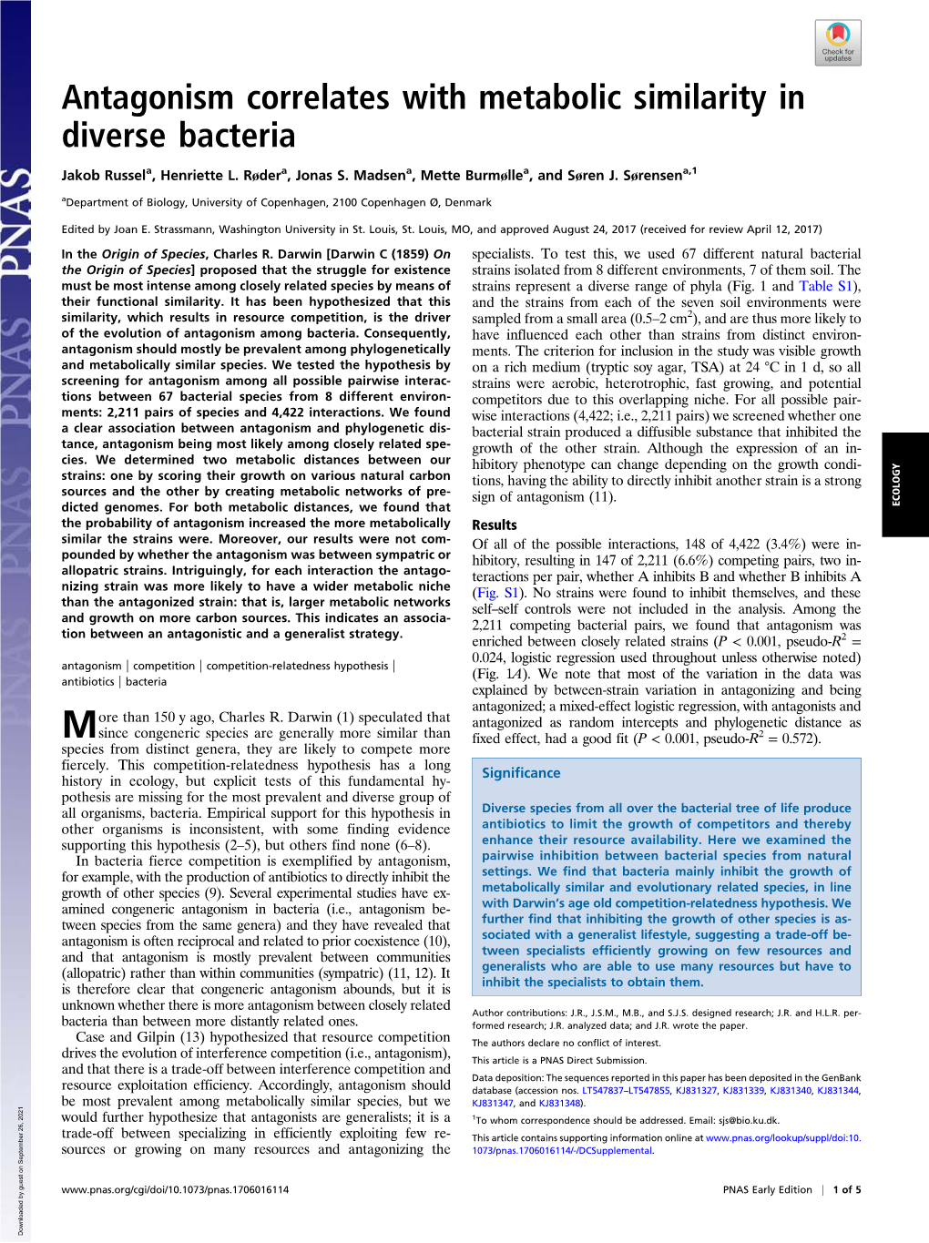 Antagonism Correlates with Metabolic Similarity in Diverse Bacteria