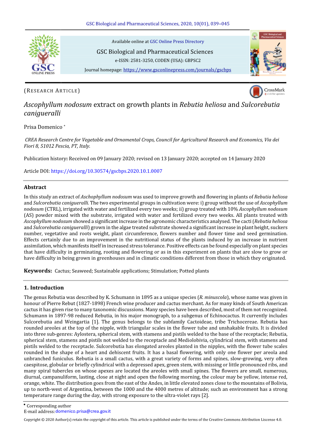 Ascophyllum Nodosum Extract on Growth Plants in Rebutia Heliosa and Sulcorebutia Canigueralli