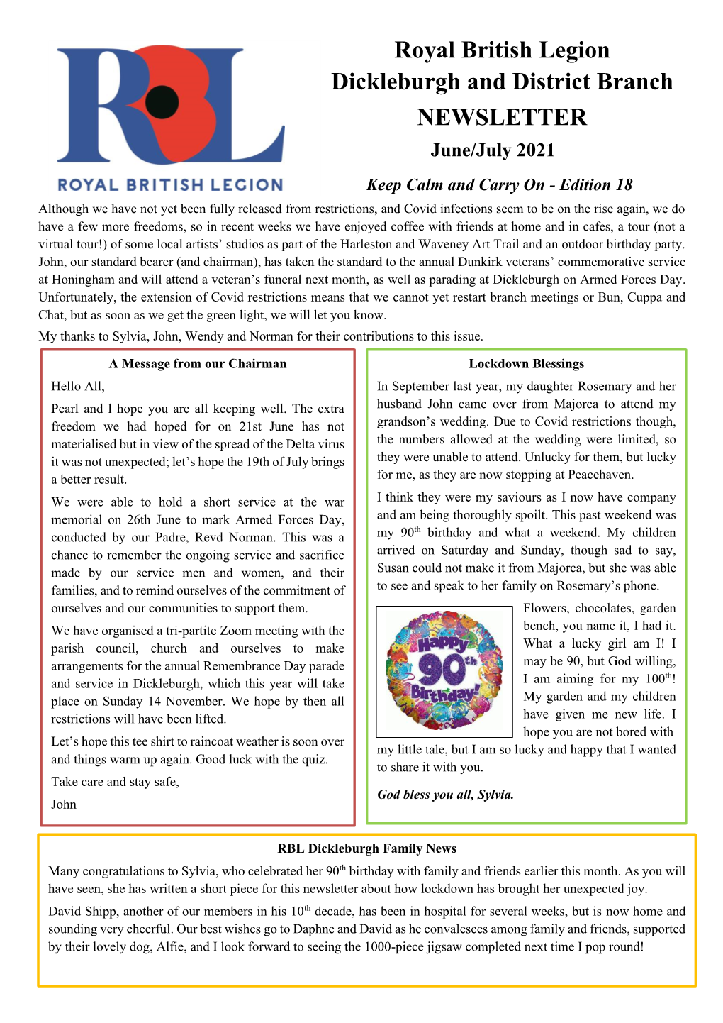 Royal British Legion Dickleburgh and District Branch NEWSLETTER June/July 2021