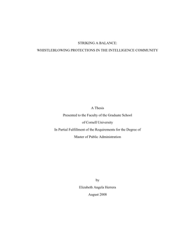 STRIKING a BALANCE: WHISTLEBLOWING PROTECTIONS in the INTELLIGENCE COMMUNITY a Thesis Presented to the Faculty of the Graduate S