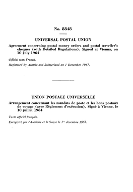 No. 8848 UNIVERSAL POSTAL UNION UNION POSTALE UNIVERSELLE