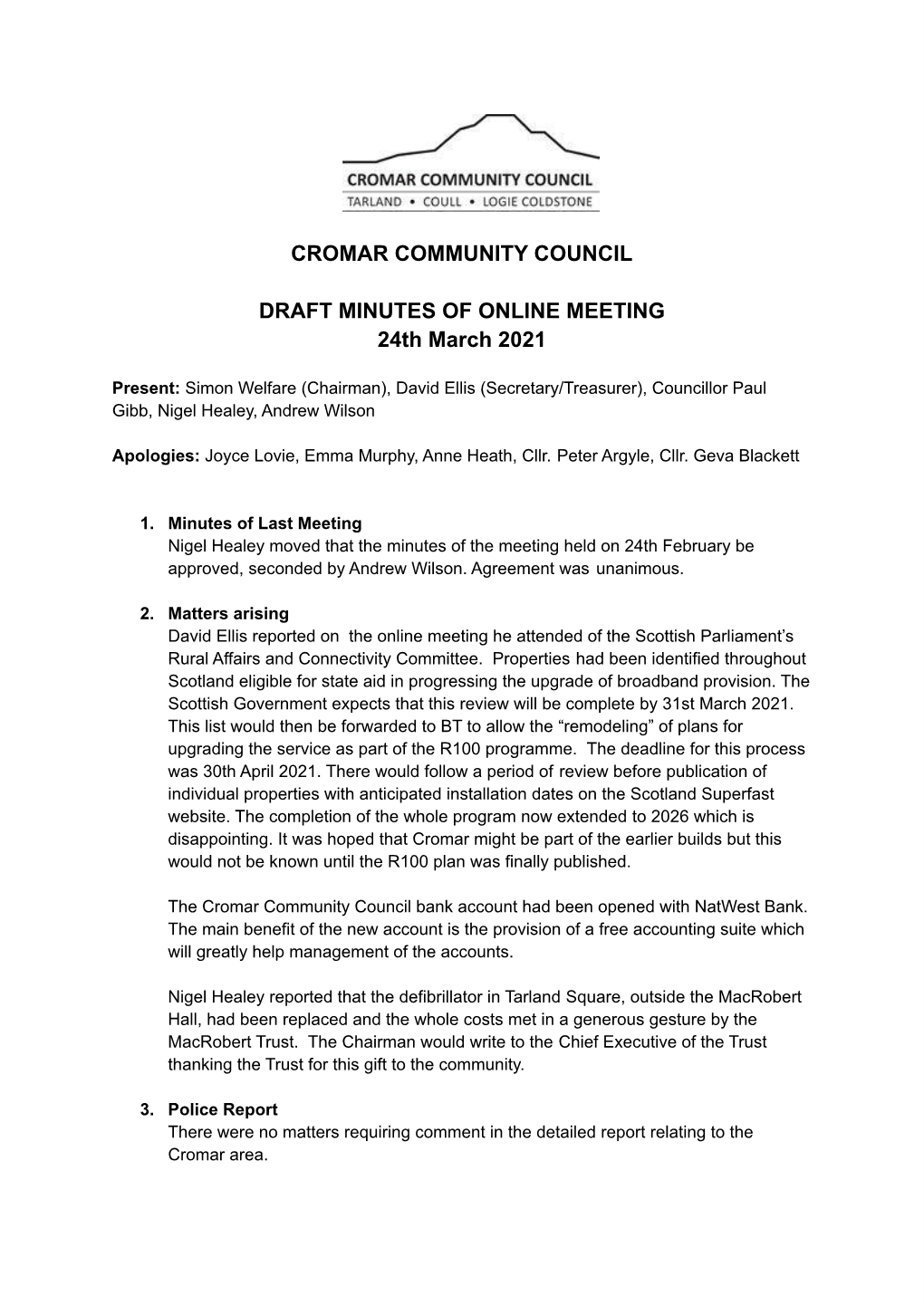 Cromar Community Council Minutes 24 Mar 2021