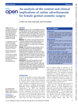 An Analysis of the Content and Clinical Implications of Online Advertisements for Female Genital Cosmetic Surgery