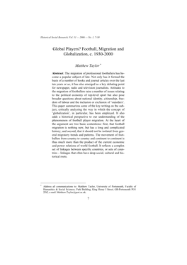 Football, Migration and Globalization, C. 1930-2000