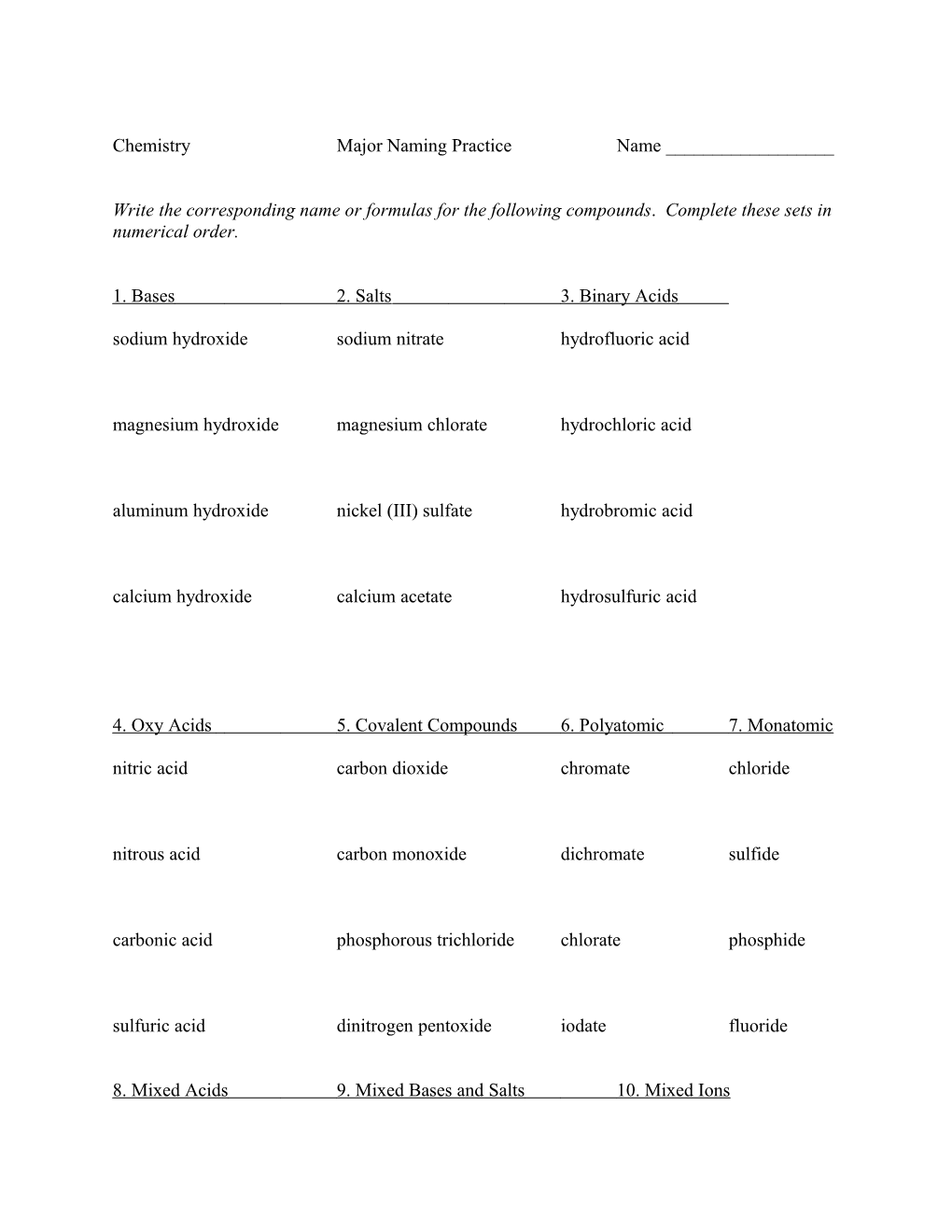 Chemistry Major Naming Practice Name ______