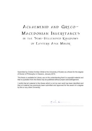 Achaemenid and Greco- Macedonian Inheritances in the Semi-Hellenised Kingdoms