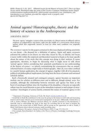 Animal Agents? Historiography, Theory and the History of Science in the Anthropocene