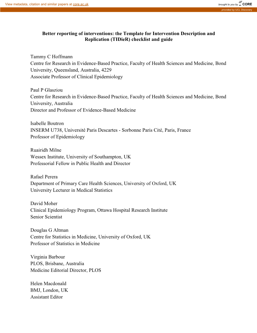 The Template for Intervention Description and Replication (Tidier) Checklist and Guide