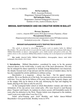 Mikhail Baryshnikov and His Creative Work in Ballet