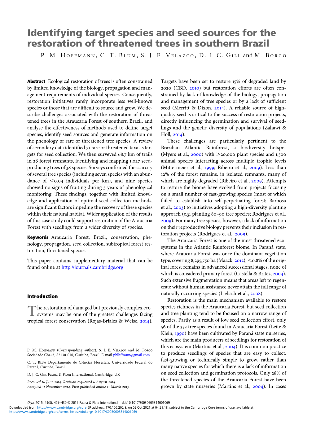 Identifying Target Species and Seed Sources for the Restoration of Threatened Trees in Southern Brazil