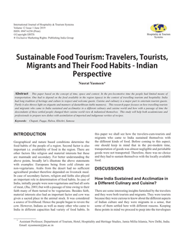 Sustainable Food Tourism: Travelers, Tourists, Migrants and Their Food Habits - Indian Perspective Nusrat Yasmeen*