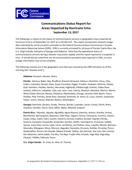 Communications Status Report for Areas Impacted by Hurricane Irma September 13, 2017