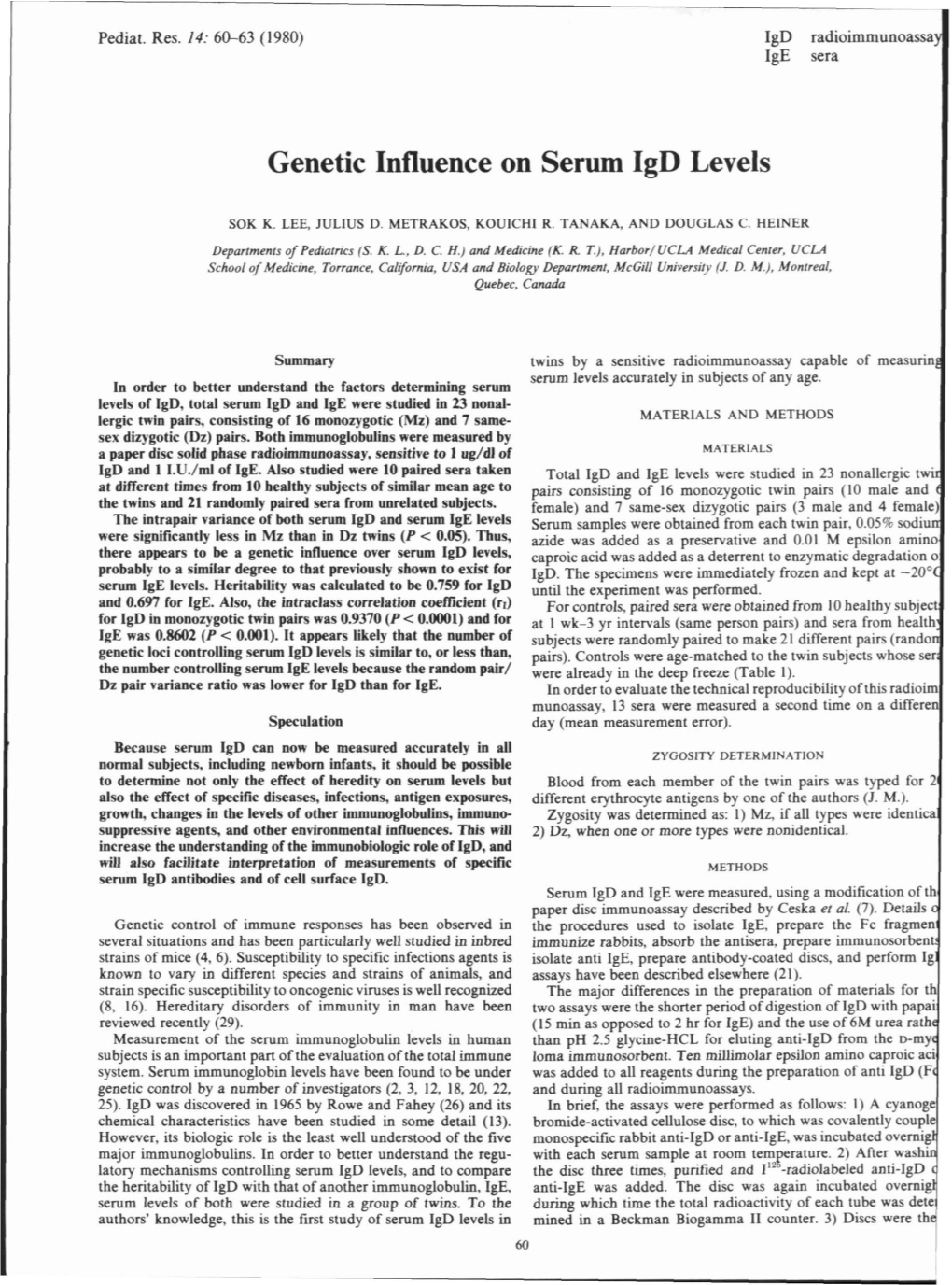 Genetic Influence on Serum Igd Levels I