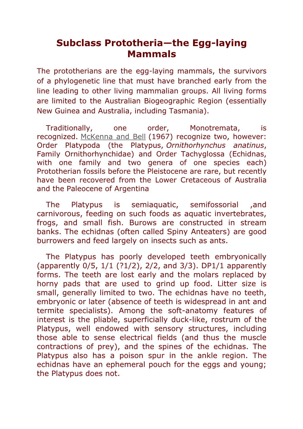 Subclass Prototheria—The Egg-Laying Mammals