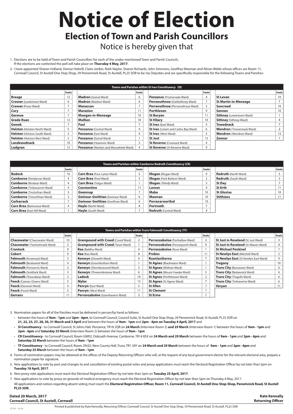 Notice of Election Election of Town and Parish Councillors Notice Is Hereby Given That