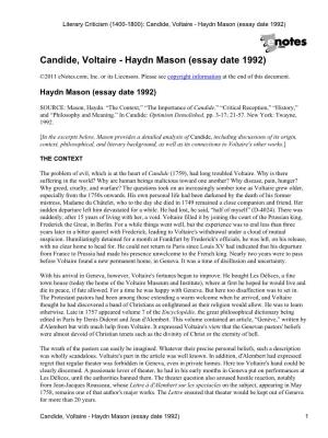 Literary Criticism (1400-1800): Candide, Voltaire - Haydn Mason (Essay Date 1992)