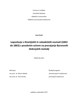 Leposlovje V Kmetijskih in Rokodelskih Novicah (1843 Do 1863) S Posebnim Ozirom Na Prevajanje Byronovih Hebrejskih Melodij