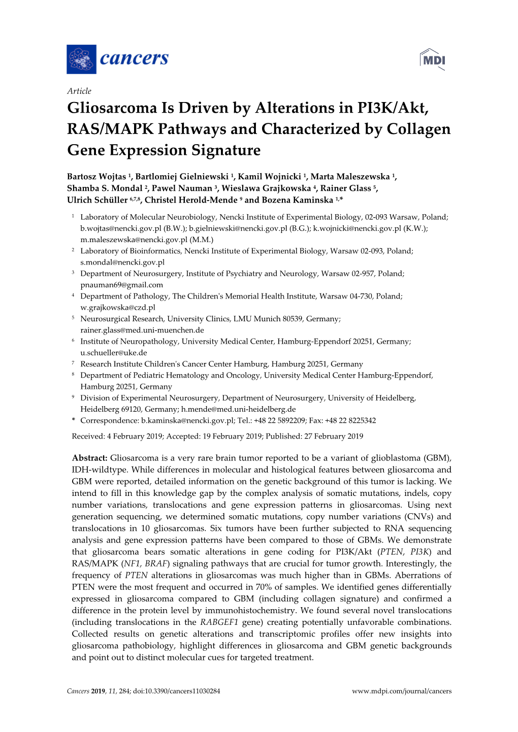 Gliosarcoma Is Driven by Alterations in PI3K/Akt, RAS/MAPK Pathways and Characterized by Collagen Gene Expression Signature