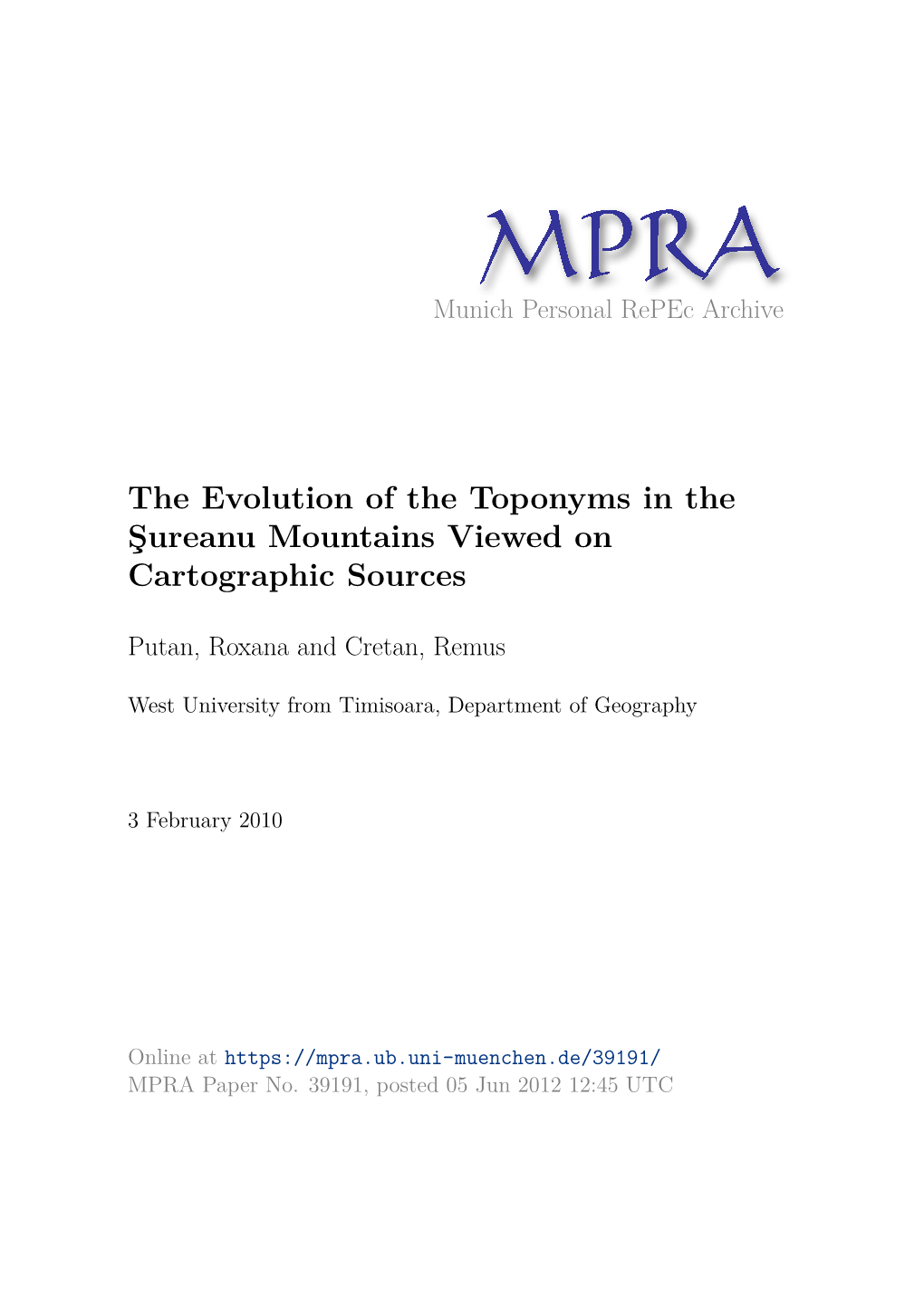 The Evolution of the Toponyms in the Şureanu Mountains Viewed on Cartographic Sources