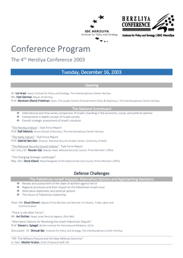 Conference Program the 4Th Herzliya Conference 2003