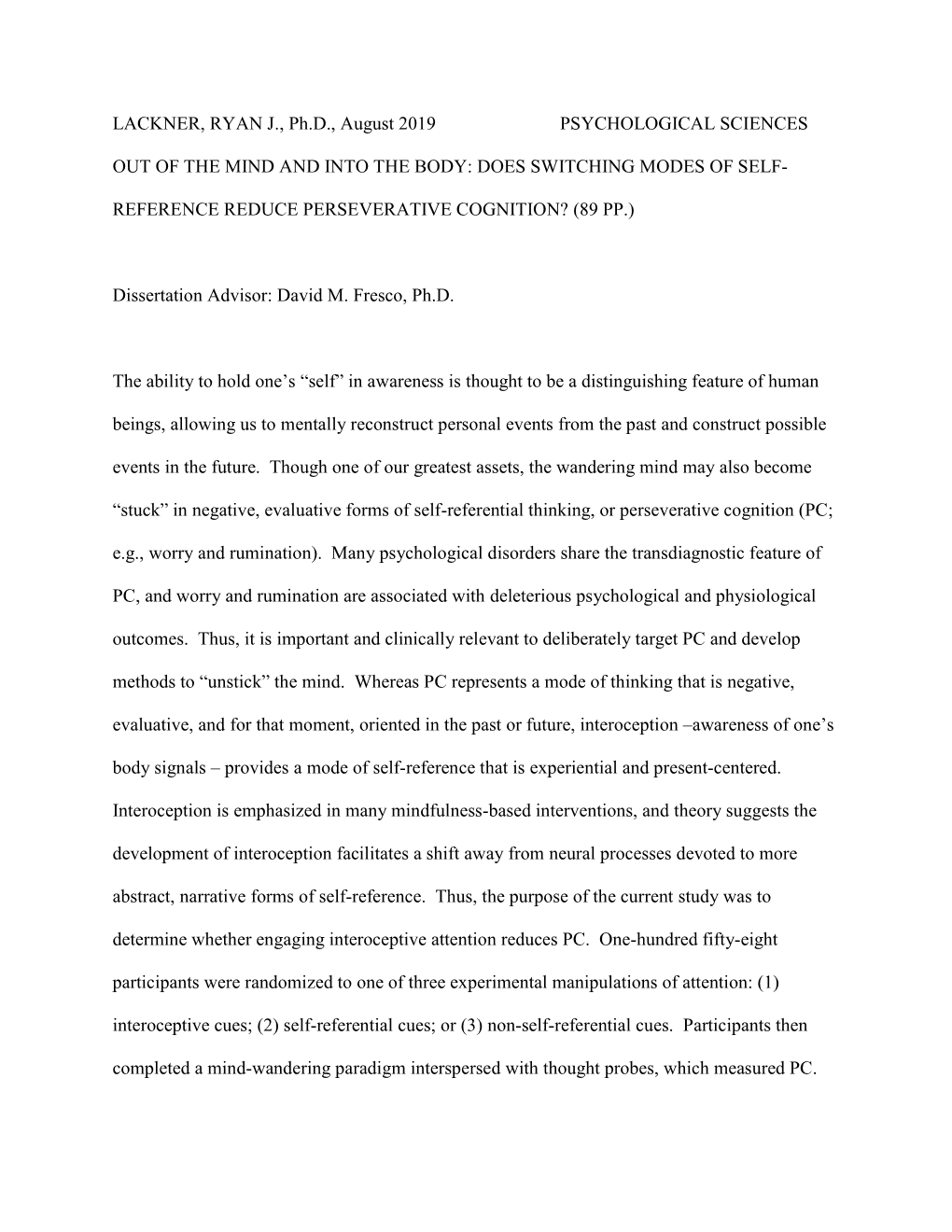 LACKNER, RYAN J., Ph.D., August 2019 PSYCHOLOGICAL SCIENCES