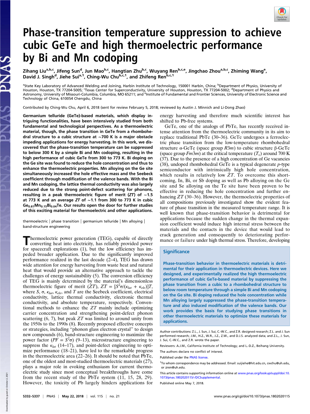 Phase-Transition Temperature Suppression to Achieve Cubic Gete and High Thermoelectric Performance by Bi and Mn Codoping