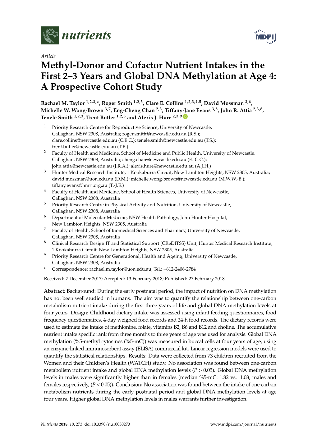 Methyl-Donor and Cofactor Nutrient Intakes in the First 2–3 Years and Global DNA Methylation at Age 4: a Prospective Cohort Study