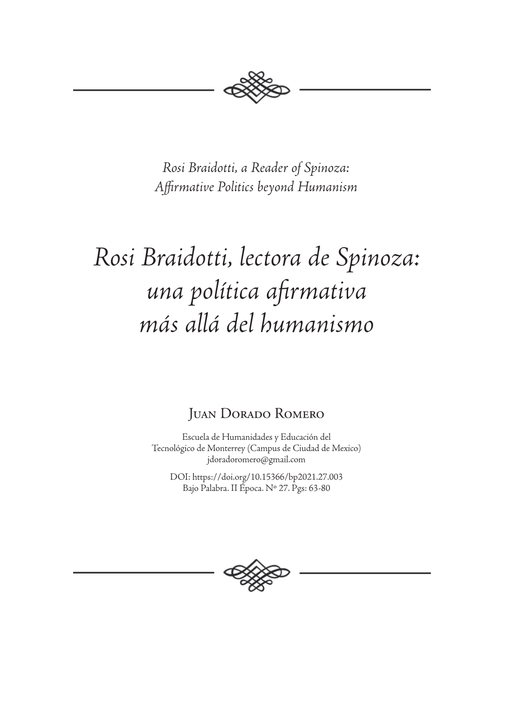 Rosi Braidotti, Lectora De Spinoza: Una Política Afirmativa Más Allá Del Humanismo