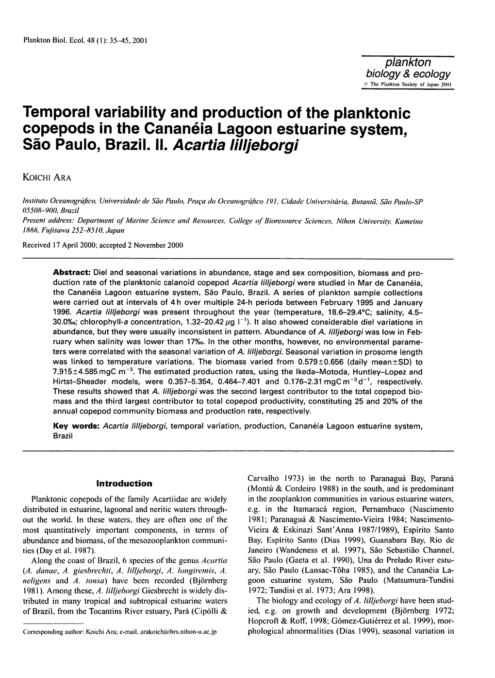 Temporal Variability and Production of the Planktonic Copepods in the Cananeia Lagoon Estuarine System, Sao Paulo, Brazil