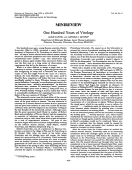 MINIREVIEW One Hundred Years of Virology ALICE LUSTIG and ARNOLD J