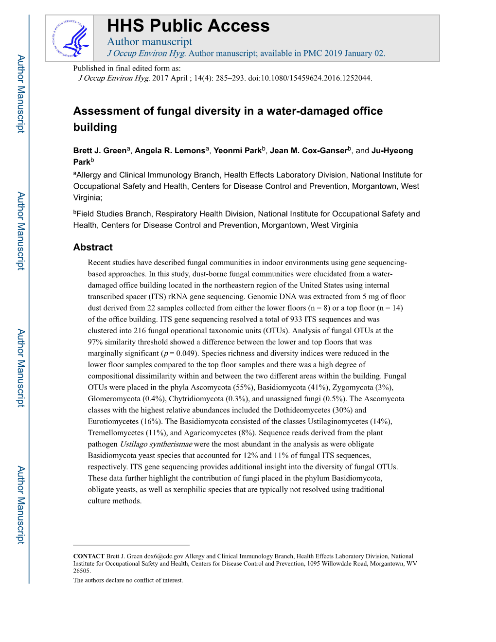 Assessment of Fungal Diversity in a Water-Damaged Office Building