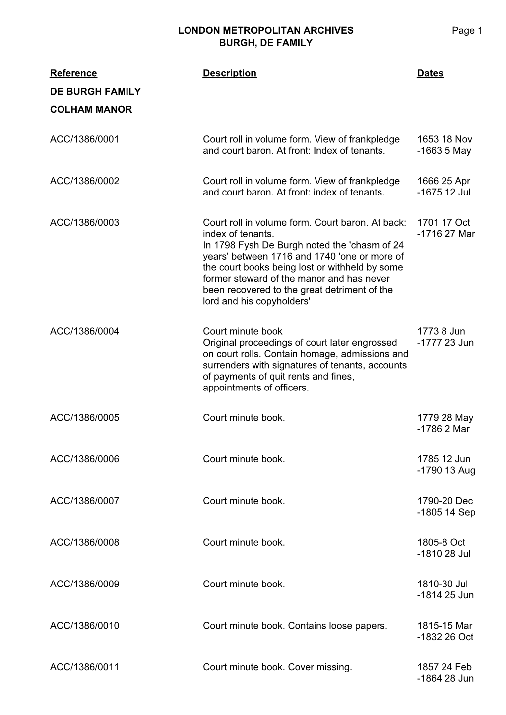 LONDON METROPOLITAN ARCHIVES Page 1 BURGH, DE FAMILY