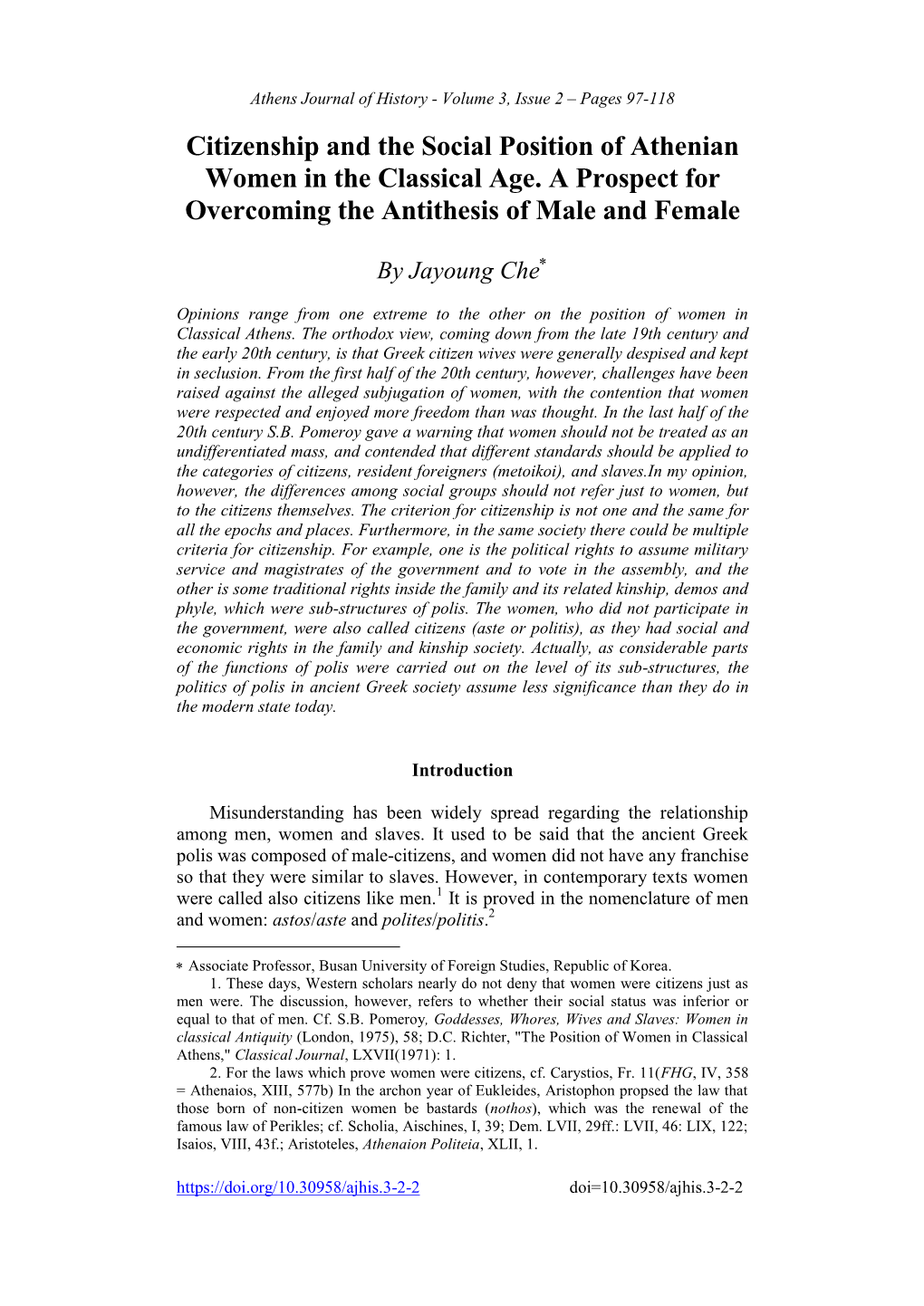 Citizenship and the Social Position of Athenian Women in the Classical Age